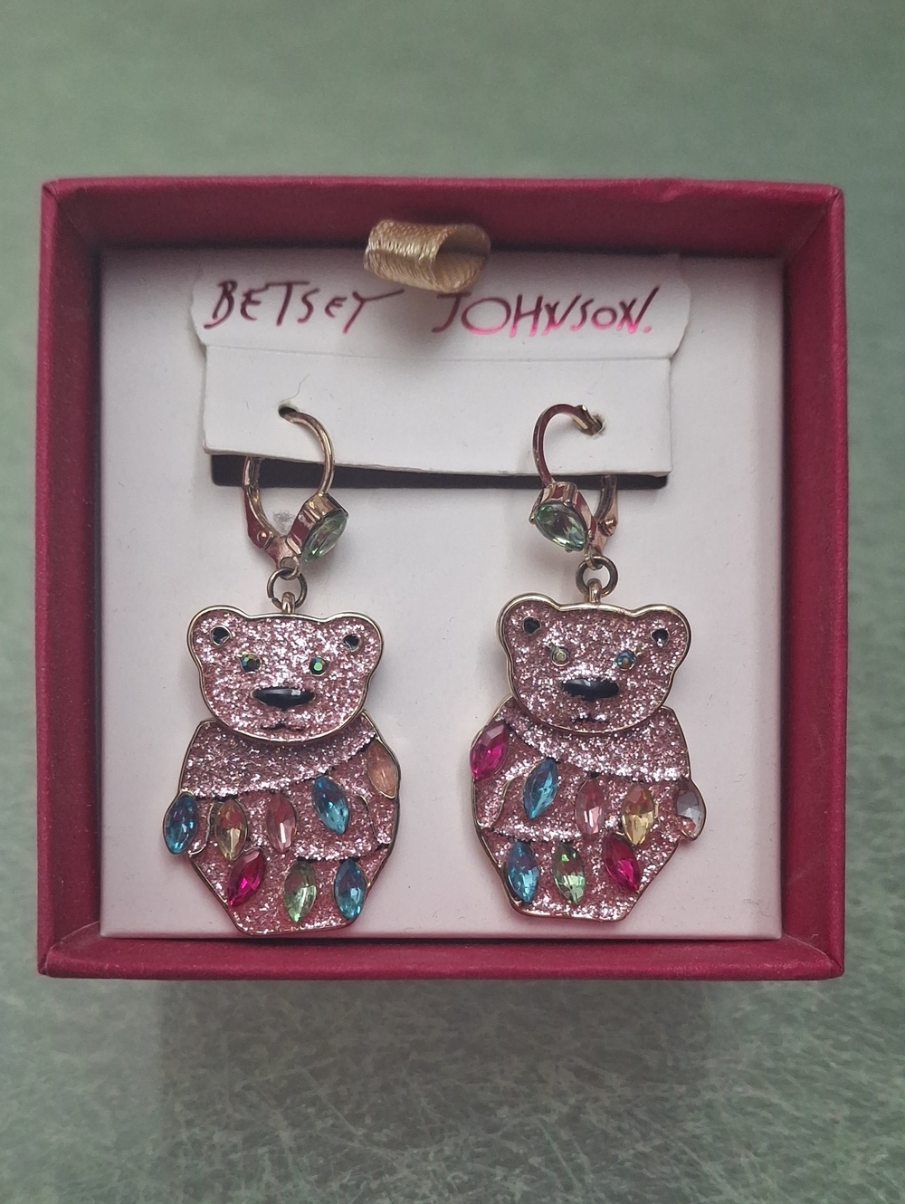 Betsey Johnson Pink Glitter Polar Bear Earrings with Multicolor Gems
